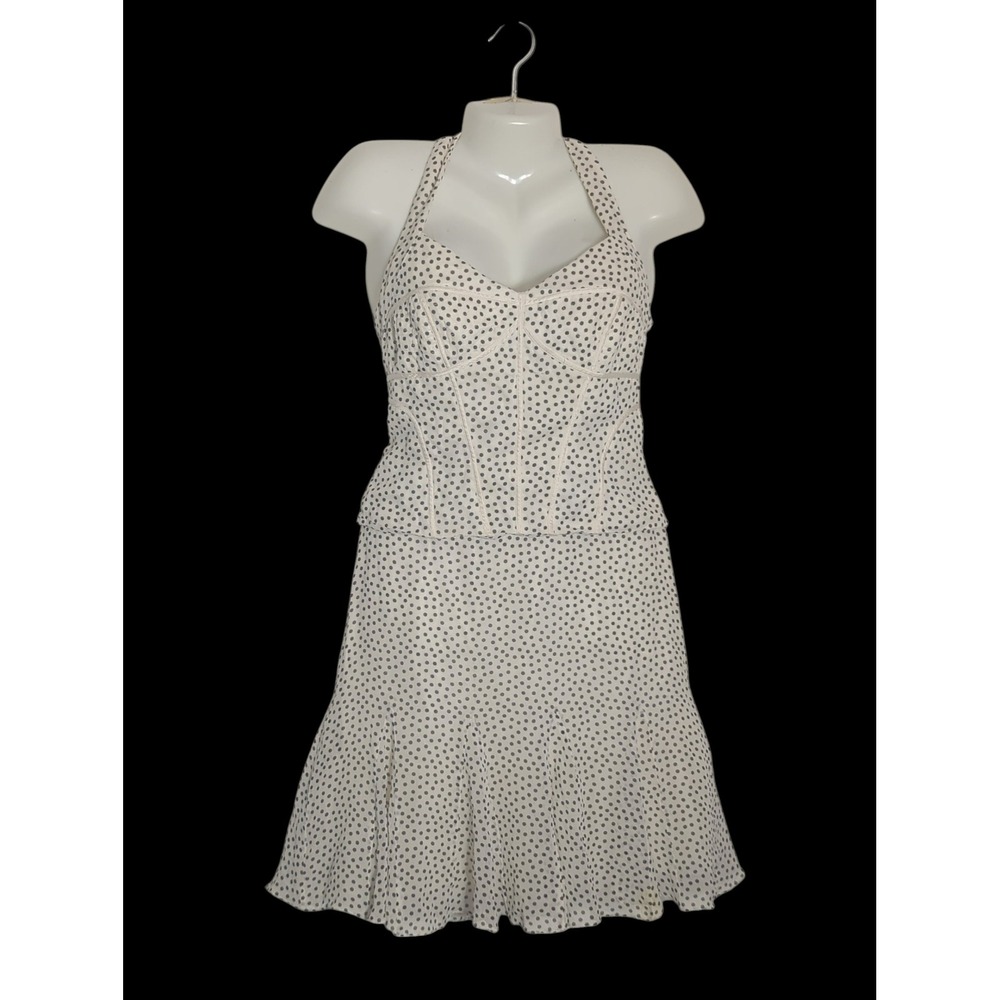 Sue Wong Polka Dot 100% Silk Halter Dress Corset Back Pin Up Cream Black Size 10